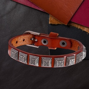 Bratara cu accesorii multiple, model retro, reglabila, tematica vintage style, unisex, maro deschis, - Img 3