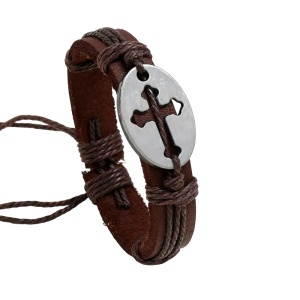 Bratara cu cruce, model retro, reglabila, unisex, maro inchis,