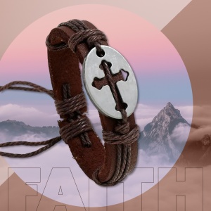 Bratara cu cruce, model retro, reglabila, unisex, maro inchis, - Img 4