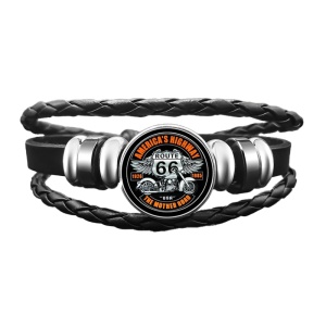 Bratara cu pandantiv rotund cu motocicleta si accesorii, model route 66, tematica free spirit, unisex, neagra,
