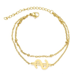 Bratara dama, dublata, model rich money, pandantiv dolar, cu accesorii bilute, reglabila, aurie