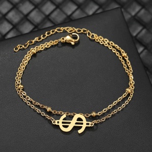 Bratara dama, dublata, model rich money, pandantiv dolar, cu accesorii bilute, reglabila, aurie - Img 2