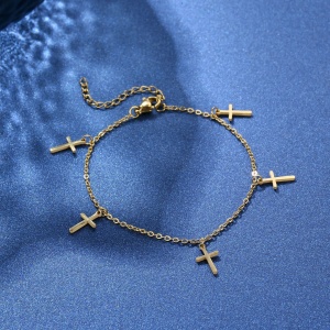 Bratara dama, model delicat minimalist cu pandantive multiple tip cruce, tematica God is love, reglabila, aurie - Img 3