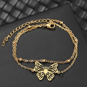 Bratara dama, model dublat cu accesorii bilute, tematica beautiful butterfly world, pandantiv fluturas, reglabila, aurie - Img 2