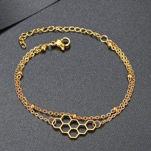 Bratara dama, model dublat cu accesorii bilute, tematica queen bee, pandantiv stup de miere, reglabila, aurie - Img 2