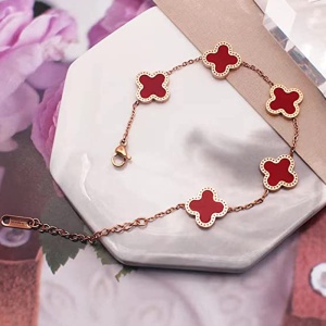 Bratara dama, model norocos, M2, trifoi cu 4 foi, bronz, reglabila, cu accesorii rosii - Img 3