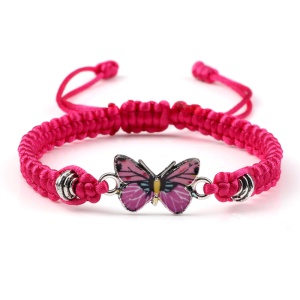 Bratara dama, model summer butterfly cu snur impletit, pandantiv fluturas, reglabila, roz aprins