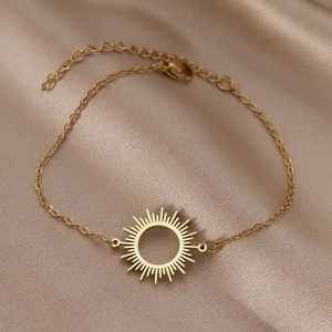 Bratara dama, model you are my sunshine, pandantiv soare cu raze, reglabila, aurie - Img 4
