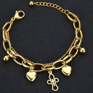 Bratara dama, pandantiv cruce, accesorii inimioare, dubla, reglabila, aurie - Img 4