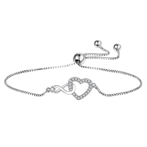 Bratara dama, tip tennis minimalist, model romantic elegant, accesorii inimioara cu semnul infinitului, tematica eternal love, argintie