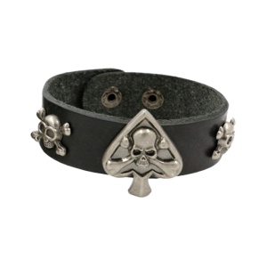 Bratara de piele ecologica, model gambler accesorizat cu capete de schelet, tematica lucky hand, unisex, neagra, - Img 4