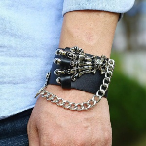Bratara de piele sintetica cu mana de schelet, accesorizata cu lant, model together forever, tematica nedespartiti, unisex, argintie, - Img 2