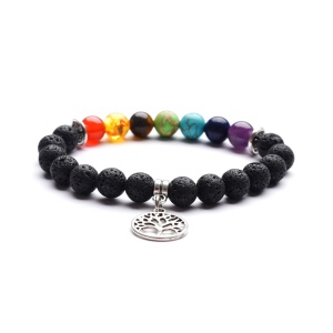 Bratara energetica creata manual, din roca vulcanica , 7Chakras si pandantiv copacul vietii, pietre semipretioase, unisex, neagra