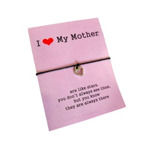 Bratara I Love My Mother, pandantiv inima argintiu, reglabile, din sfoara, neagra