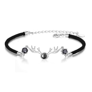 Bratara model cerb, cristale semipretioase, snur negru, proiectie Te iubesc in 100 limbi, argintie, dimensiune reglabila, unisex - Img 4