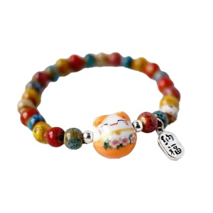 Bratara, model cu margele si pisica simpatica, tematica lucky cat, elastica, unisex, portocalie