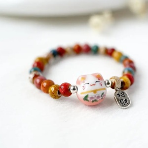 Bratara, model cu margele si pisica simpatica, tematica lucky cat, elastica, unisex, roz - Img 3
