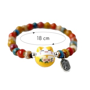 Bratara, model cu margele si pisica simpatica, tematica lucky cat, elastica, unisex, galbena - Img 4