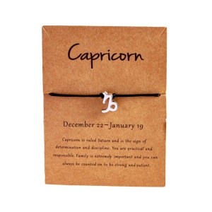 Bratara semn zodiac capricorn argintiu, creata manual, neagra, unisex