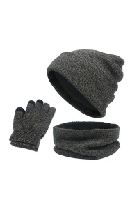Caciula dama, set 3 piese, model cu manusi si fular tip guler asortate, captuseala calduroasa, tematica cozy winter, marime universala, gri inchis