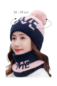 Caciula dama, set doua piese, model cu pom pom si fular tip guler asortat cu mesaj, captuseala calduroasa, tematica love me, marime universala, roz - Img 4