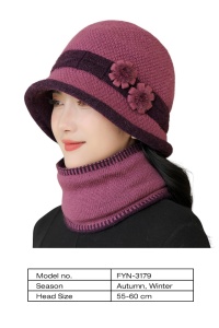 Caciula dama, tip palarie, set doua piese, model elegant cu guler tip fular, accesorizat cu floricele delicate, tematica elegant style, marime universala, roz inchis - Img 4