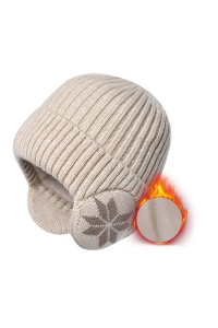 Caciula iarna, model cu protectie intarita pentru urechi, imprimeu fulg de zapada, captuseala moale si fina, tematica happy winter, unisex, marime universala, bej - Img 3