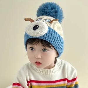 Caciula pentru copii, accesorizata cu botic de catel, model pom pom calduros, captuseala delicata, tematica I love dogs, 1 – 4 ani, albastra - Img 2
