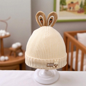 Caciula pentru copii, accesorizata cu urechiuse de iepuras, model minimalist, captuseala delicata, tematica little rabbit, 1 - 3 ani, bej - Img 2