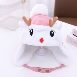 Caciula pentru copii, calduroasa, model cu fata vesela, cu ochisori, nasuc si urechi de caprioara, prindere in doua moduri cu capse, tematica I’m a happy deer, 1 – 5 ani, roz - Img 3