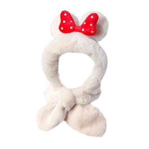 Caciula pentru copii, calduroasa, model voluminos cu urechiuse, accesoriu funda gigantica cu buline, tematica my lovely kid, 1 – 5 ani, crem