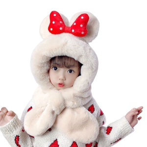 Caciula pentru copii, calduroasa, model voluminos cu urechiuse, accesoriu funda gigantica cu buline, tematica my lovely kid, 1 – 5 ani, crem - Img 2
