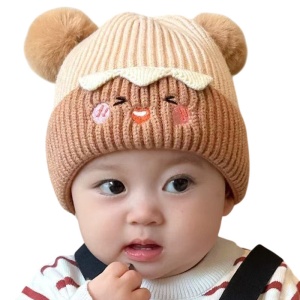 Caciula pentru copii, margine de contrast, model cu pom pom, tematica smile funny face, 6 luni – 2 ani, maro