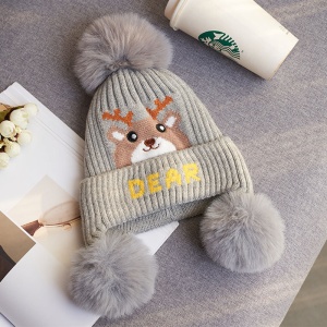 Caciula pentru copii, moale si calduroasa, model cu pom pom pufos multiplu, tematica little deer, 2 – 8 ani, gri - Img 2