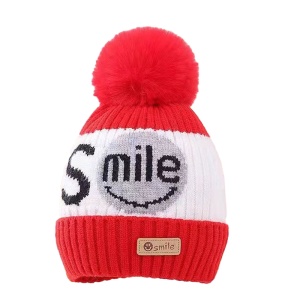 Caciula pentru copii, moale si calduroasa, model cu pom pom, tematica smile you are the best, 2 – 8 ani, rosie