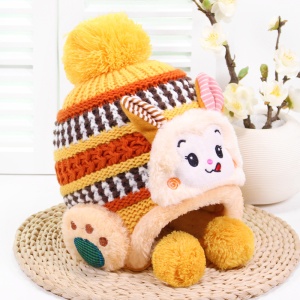 Caciula pentru copii, model calduros cu pom pom cu urechiuse hazlii, prindere sub barbie, tematica iepuras bunny poznas, 0 – 2 ani, galbena - Img 2