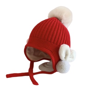 Caciula pentru copii, model cu pom pom si prindere reglabila sub barbie, accesorizata cu iepurasi la urechi, tematica little bunny in the winter, 1 – 3 ani, rosie