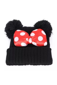 Caciula pentru copii, model cu urechiuse pom pom si funda chic, marime universala, neagra - Img 3
