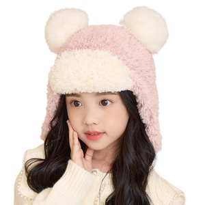 Caciula pentru copii, prelungire cu urechi, model pom pom calduros, prindere sub barbie, tematica cute and funny, 4 – 10 ani, roz