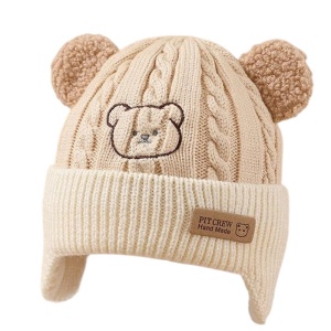 Caciula pentru copii, prelungire pentru urechiuse, imprimeu ursulet, model cute, tematica happy little bear, 6 luni – 3 ani, bej