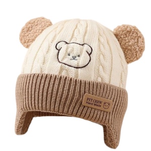Caciula pentru copii, prelungire pentru urechiuse, imprimeu ursulet, model cute, tematica happy little bear, 6 luni – 3 ani, bej cu maro