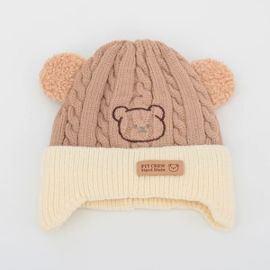 Caciula pentru copii, prelungire pentru urechiuse, imprimeu ursulet, model cute, tematica happy little bear, 6 luni – 3 ani, maro - Img 4