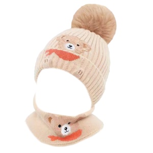 Caciula pentru copii, set doua piese, model pom pom si fulat asortat, tematica familie prietenoasa de ursuleti, 1 – 3 ani, bej