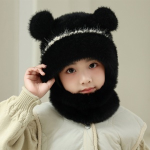 Caciula pentru copii, tip cagula cu guler, model pufos cu urechiuse ascutite, tematica fluffy cozy bear, 1 – 4 ani, neagra - Img 3
