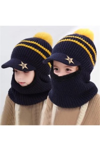 Caciula pentru copii, tip cagula, model cu cozoroc si pompom, accesoriu cute, tematica mica vedeta, 3 - 9, bleumarin - Img 2