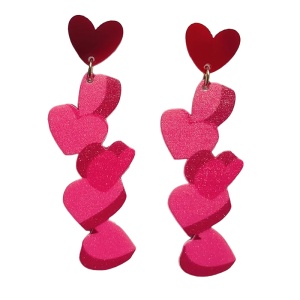 Cercei dama lungi cu inimioare multiple, model fashion vesel, tematica crazy love, rosu deschis