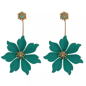 Cercei dama, model hawaian, floare turcoaz, cristale, detaliu auriu