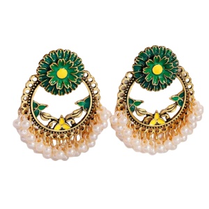 Cercei dama, model retro indian, cu accesorii perlute, rotunzi, verzi