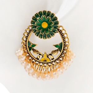 Cercei dama, model retro indian, cu accesorii perlute, rotunzi, verzi - Img 3
