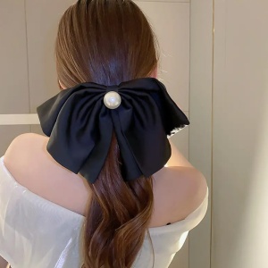 Clama de par, model elegant accesorizat cu funda supradimensionata si accesoriu perluta, neagra - Img 2